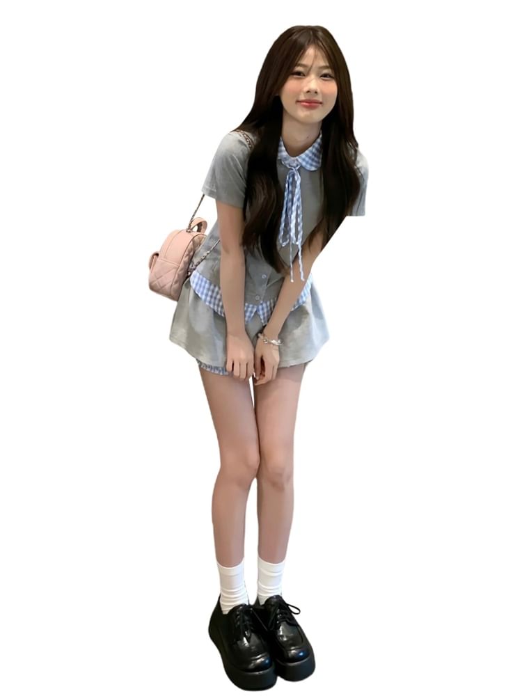 Plaid-Trimmed Short-Sleeved Shirt and Mini Skort Set