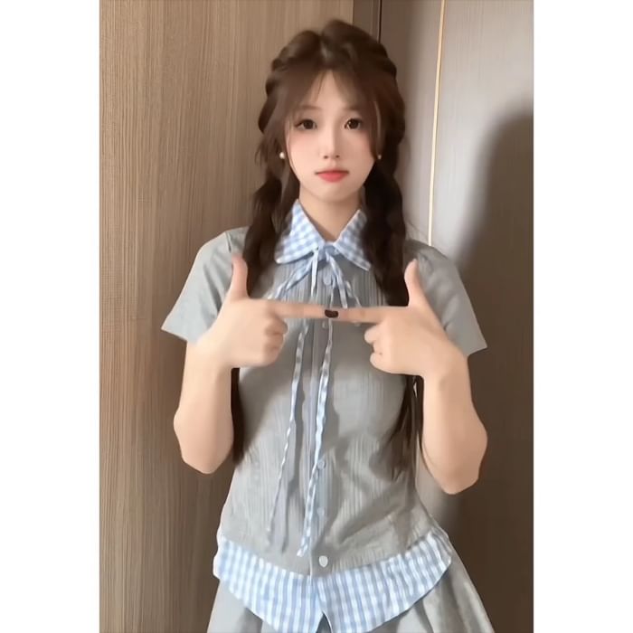 Plaid-Trimmed Short-Sleeved Shirt and Mini Skort Set