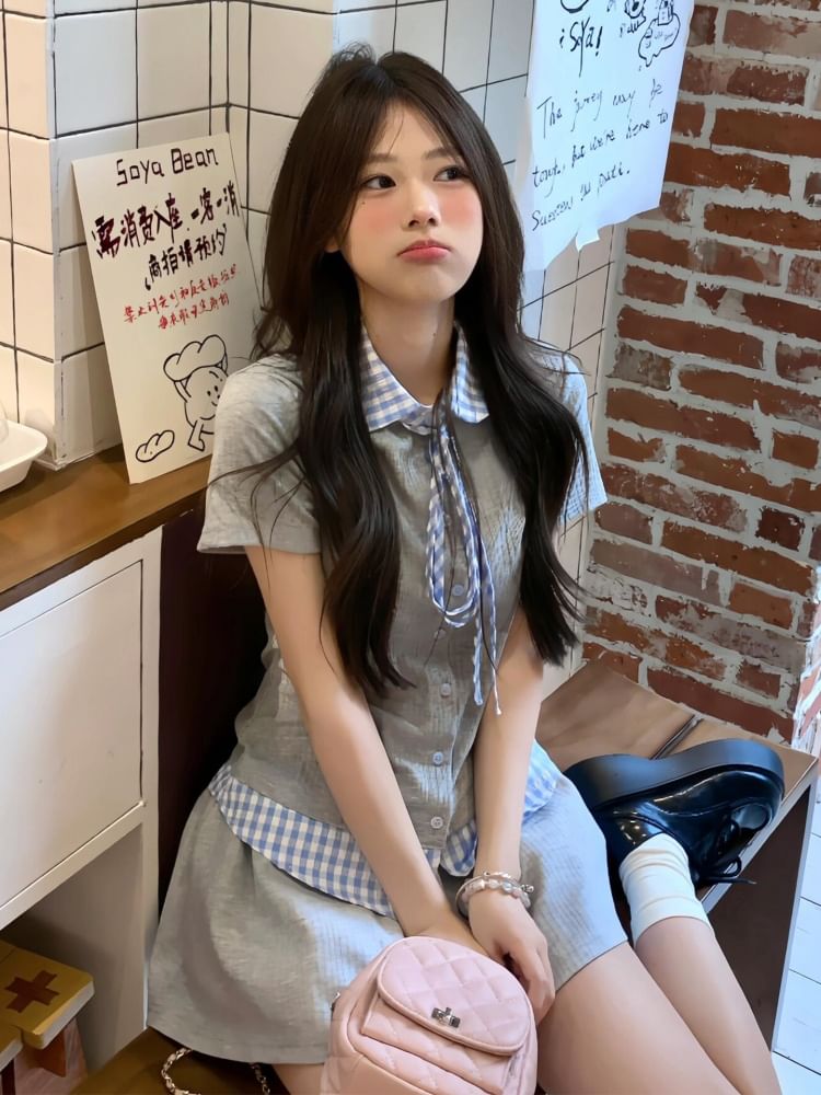 Plaid-Trimmed Short-Sleeved Shirt and Mini Skort Set