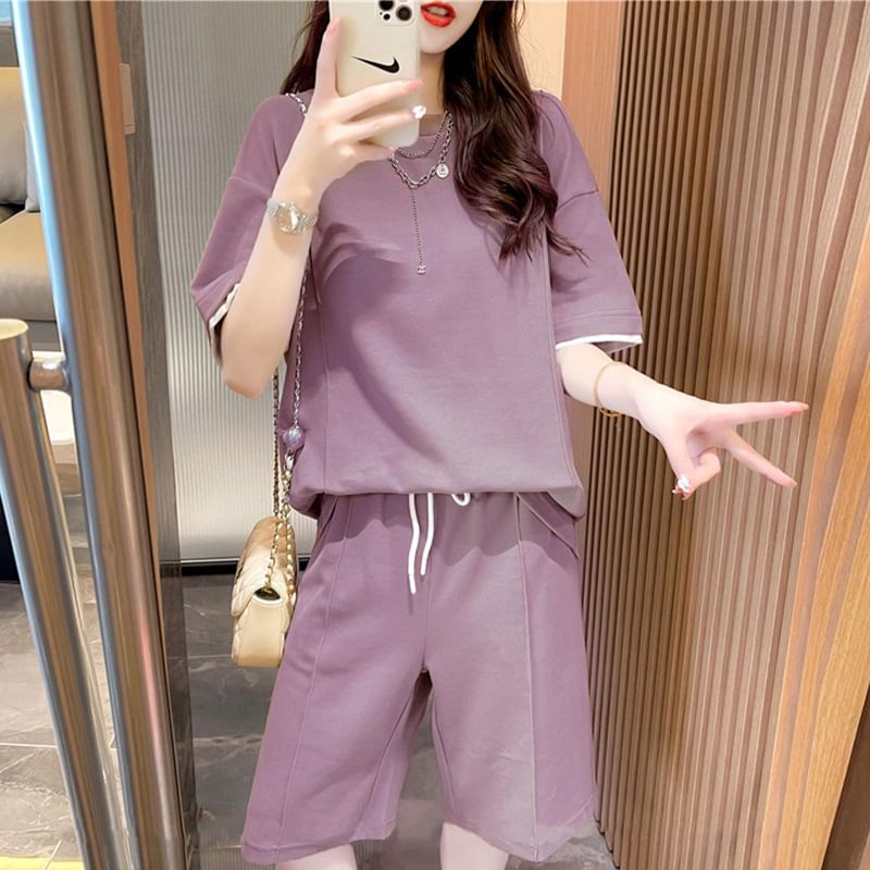 Oversized Crewneck Tee & Drawstring Shorts Set, Short-Sleeved
