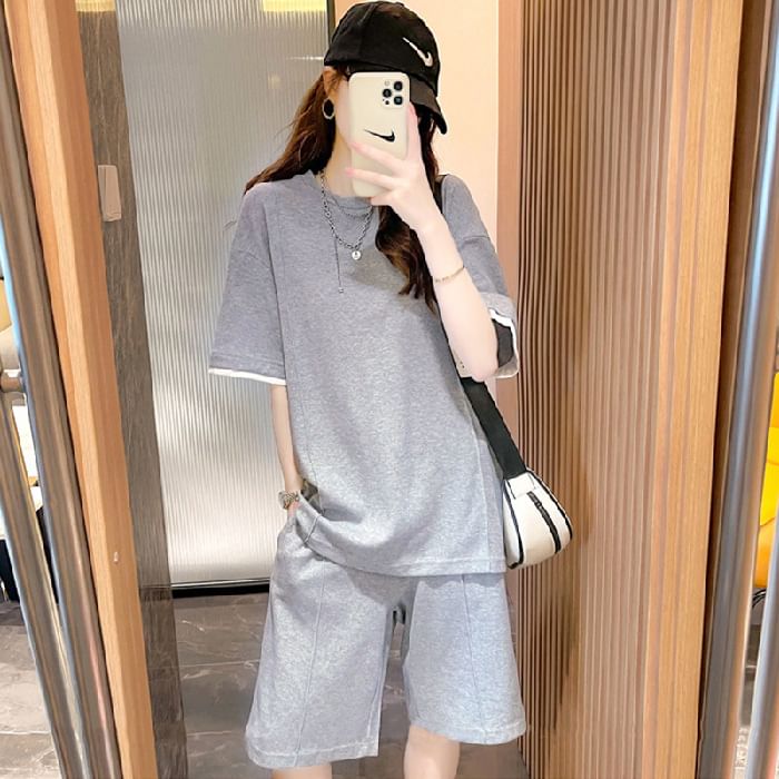 Oversized Crewneck Tee & Drawstring Shorts Set, Short-Sleeved