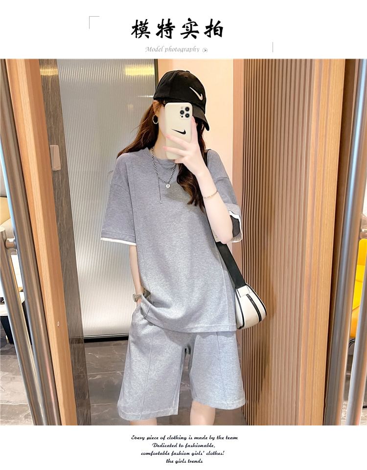 Oversized Crewneck Tee & Drawstring Shorts Set, Short-Sleeved