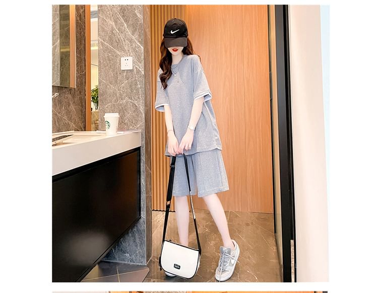 Oversized Crewneck Tee & Drawstring Shorts Set, Short-Sleeved