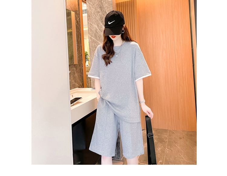 Oversized Crewneck Tee & Drawstring Shorts Set, Short-Sleeved