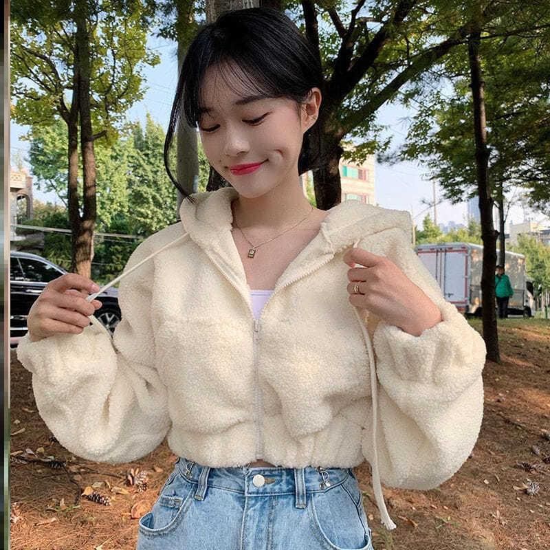Plain Fleece Cropped Zip-Up Hoodie