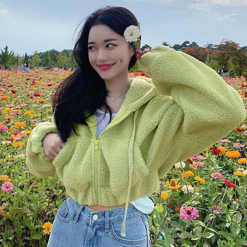 Plain Fleece Cropped Zip-Up Hoodie