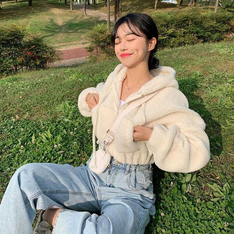 Plain Fleece Cropped Zip-Up Hoodie
