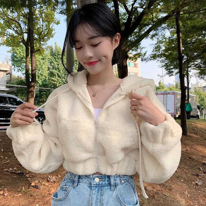 Plain Fleece Cropped Zip-Up Hoodie
