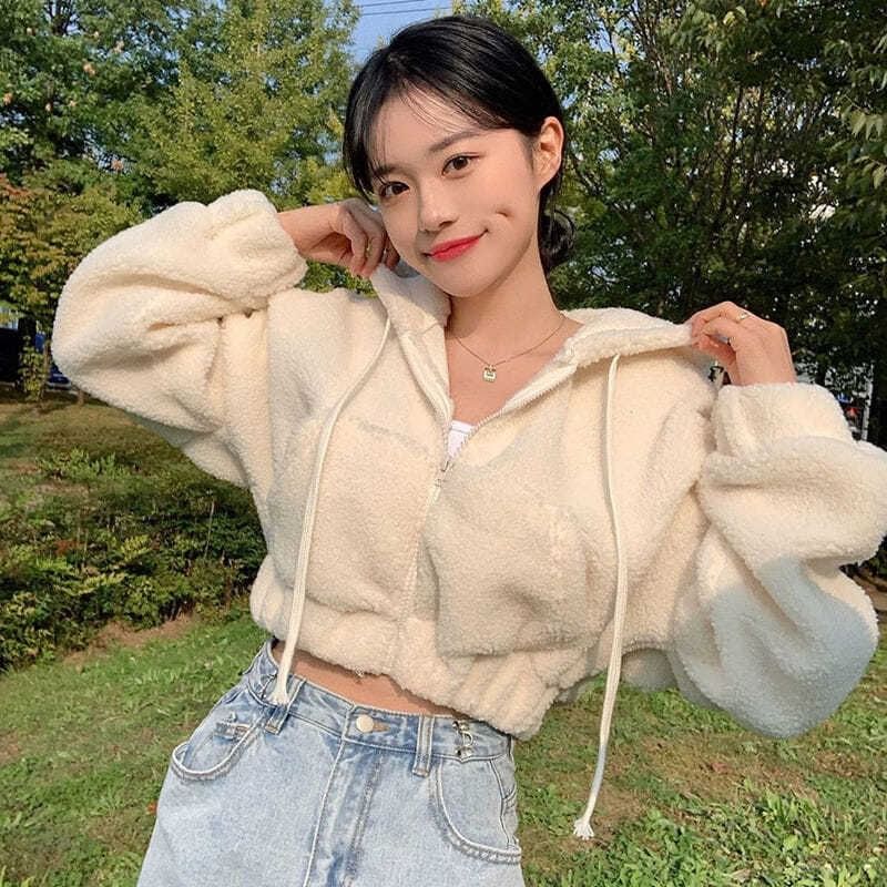 Plain Fleece Cropped Zip-Up Hoodie