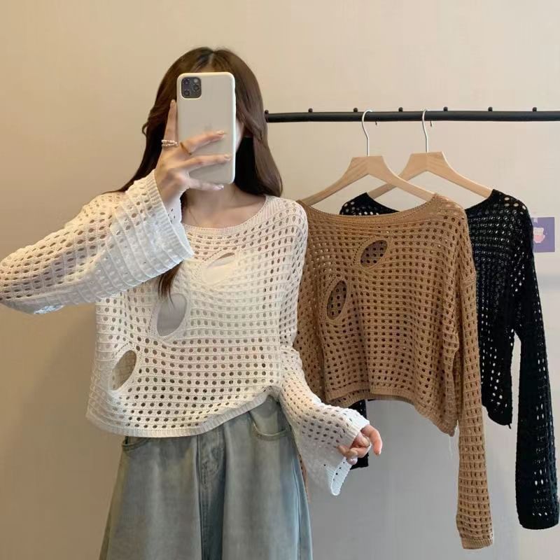 Plain Perforated Boatneck Cropped Knit Top, Long-Sleeved