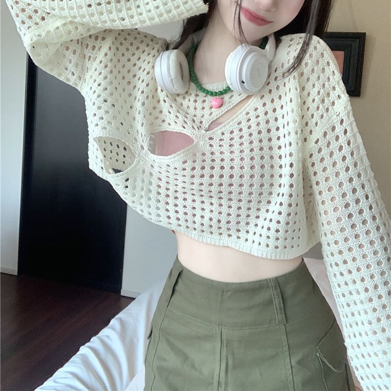 Plain Perforated Boatneck Cropped Knit Top, Long-Sleeved