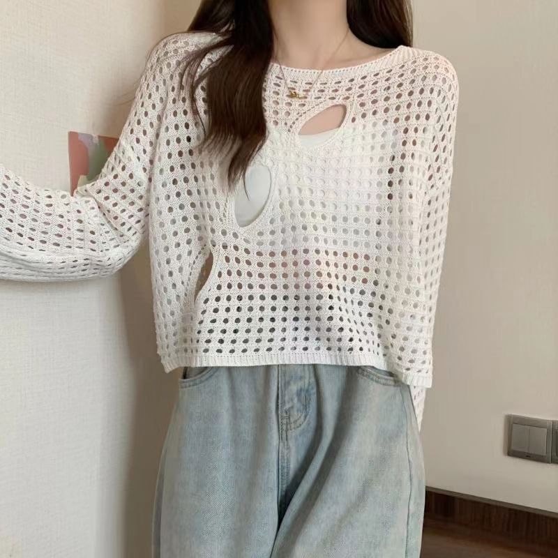Plain Perforated Boatneck Cropped Knit Top, Long-Sleeved