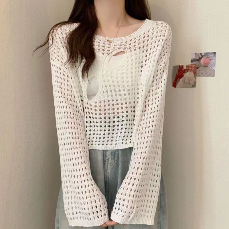 Plain Perforated Boatneck Cropped Knit Top, Long-Sleeved