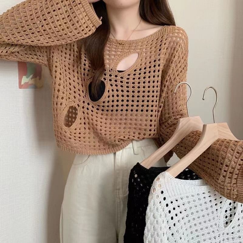 Plain Perforated Boatneck Cropped Knit Top, Long-Sleeved
