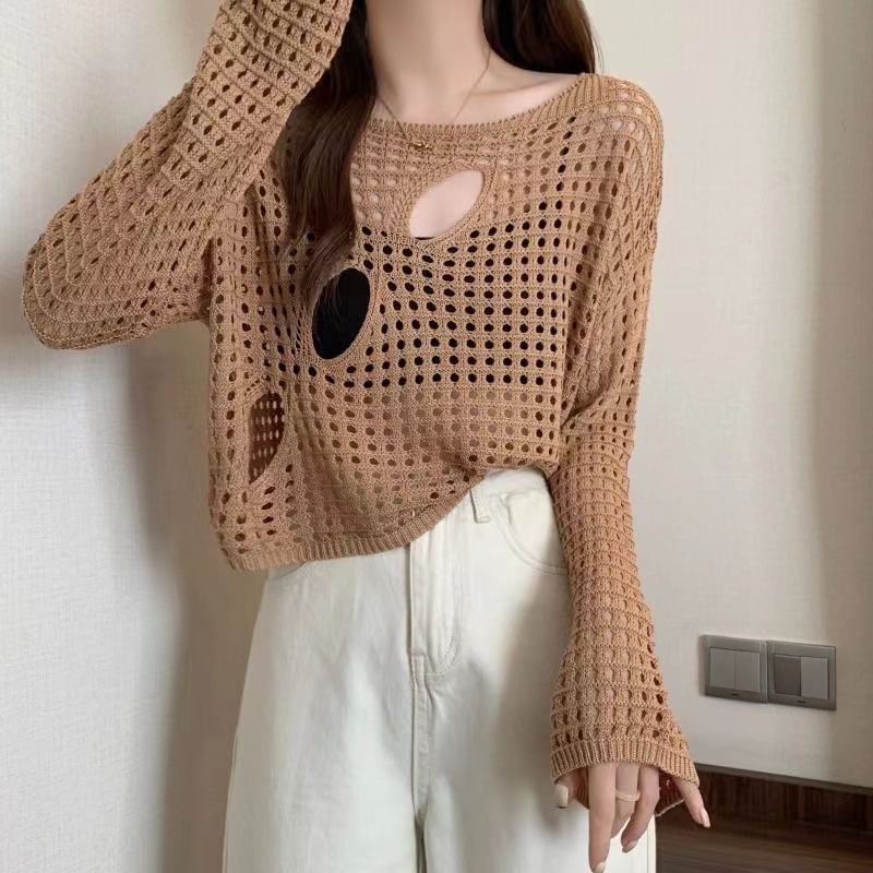 Plain Perforated Boatneck Cropped Knit Top, Long-Sleeved