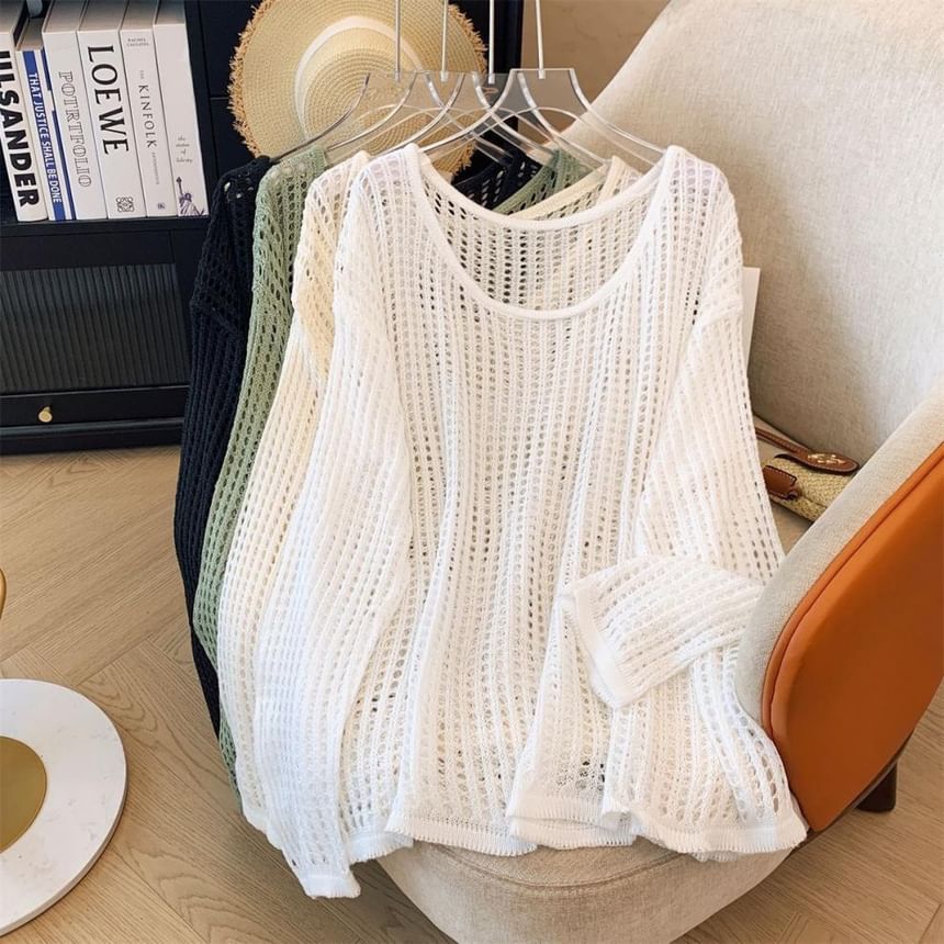Plain Perforated Crewneck Knit Top, Long-Sleeved