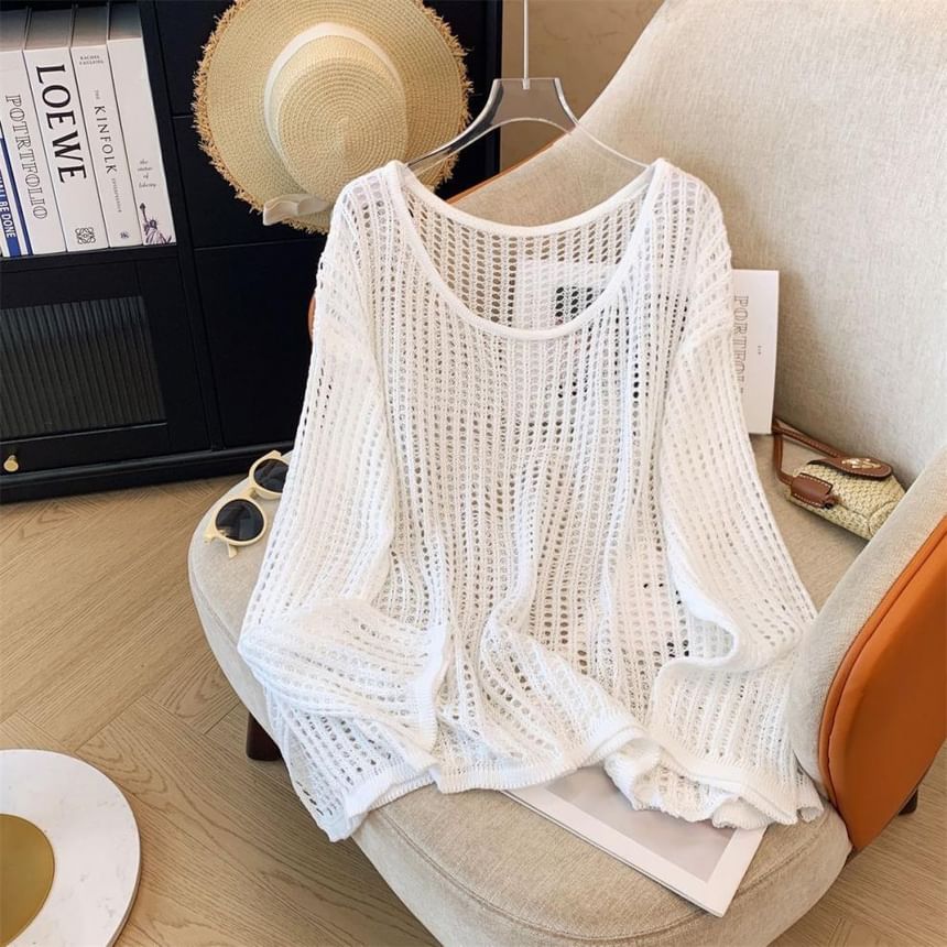 Plain Perforated Crewneck Knit Top, Long-Sleeved
