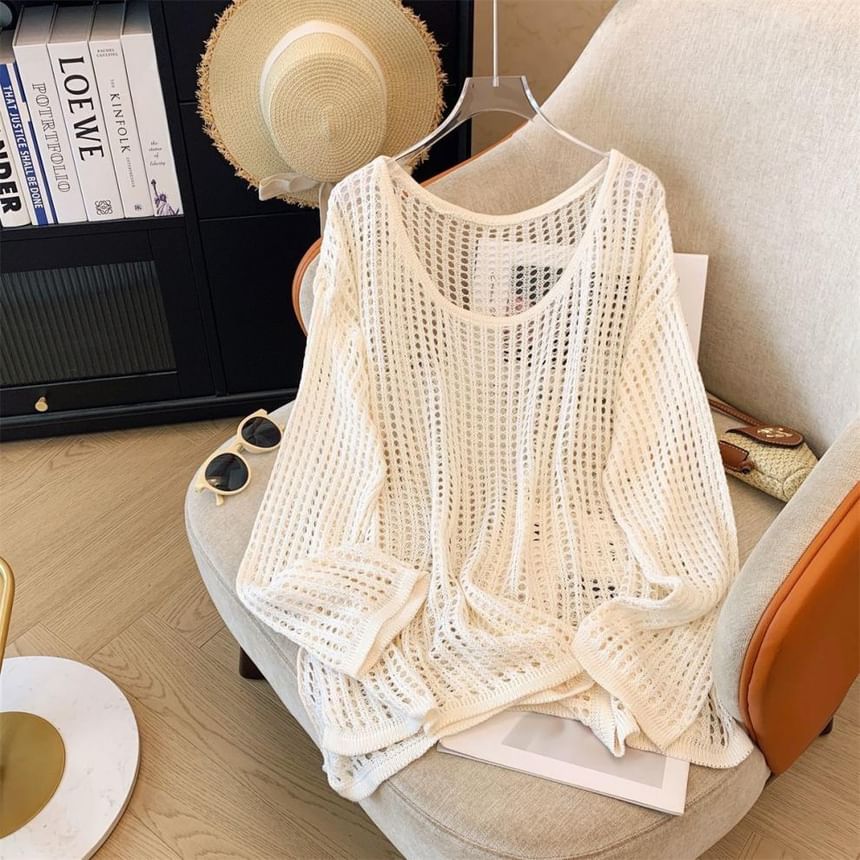 Plain Perforated Crewneck Knit Top, Long-Sleeved