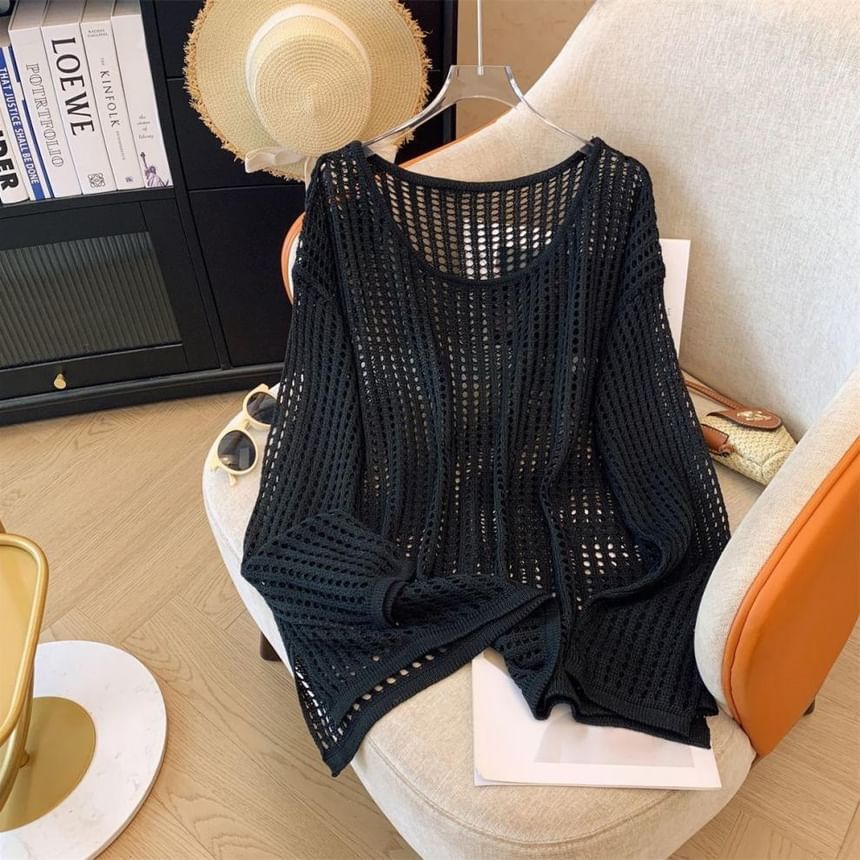 Plain Perforated Crewneck Knit Top, Long-Sleeved