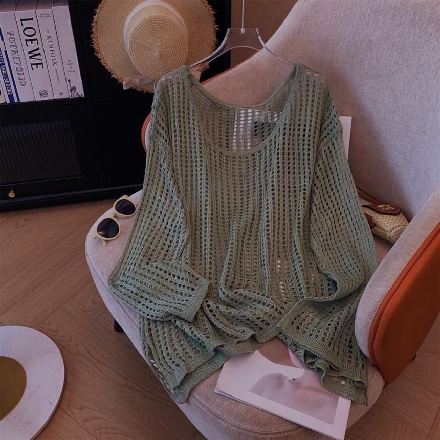Plain Perforated Crewneck Knit Top, Long-Sleeved