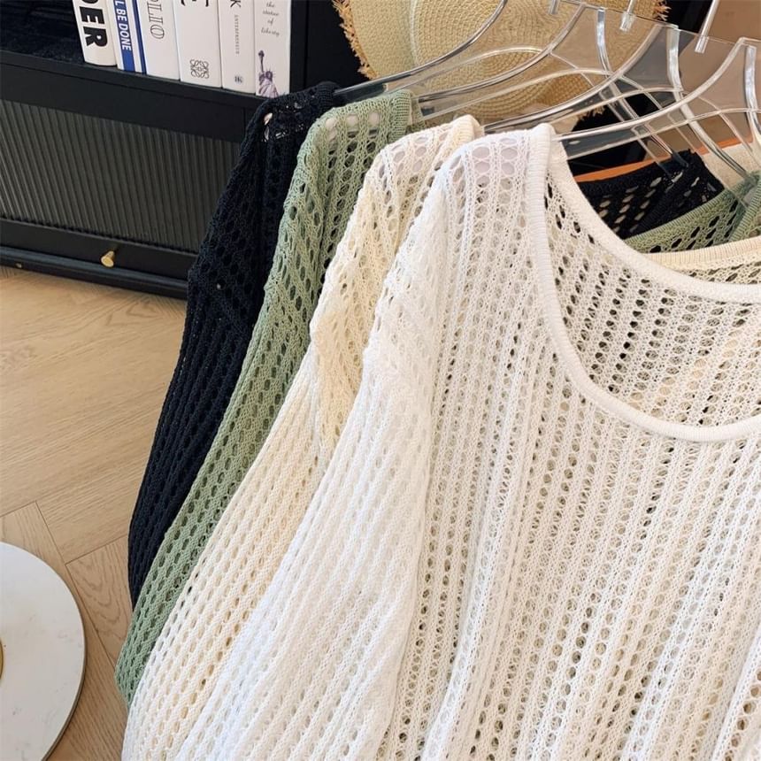 Plain Perforated Crewneck Knit Top, Long-Sleeved
