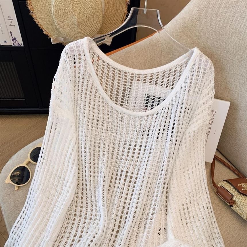 Plain Perforated Crewneck Knit Top, Long-Sleeved
