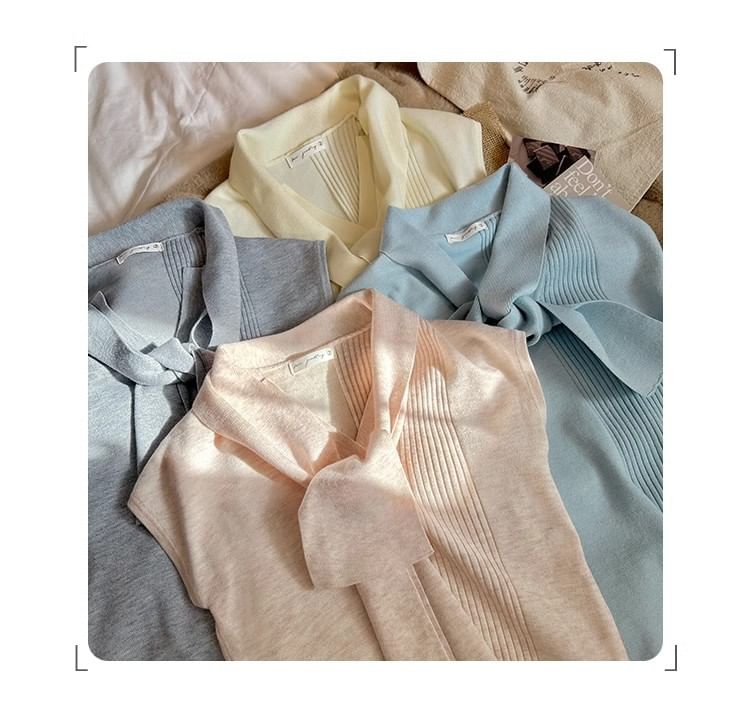 Plain V-Neck Short-Sleeved Knit Top