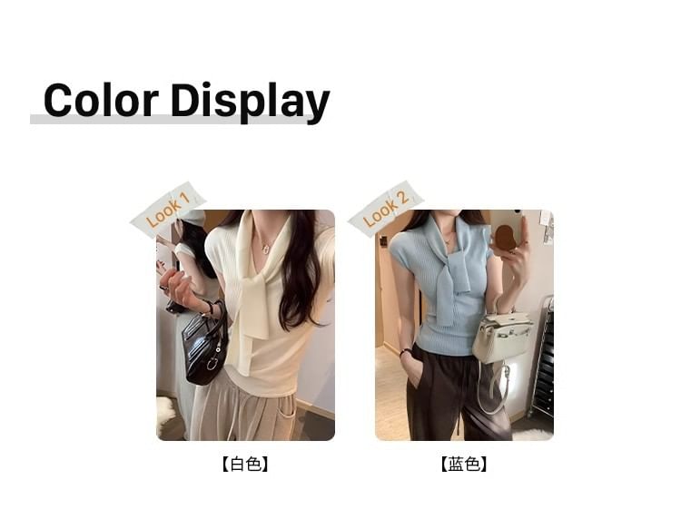 Plain V-Neck Short-Sleeved Knit Top