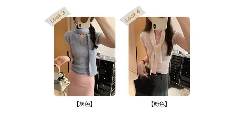 Plain V-Neck Short-Sleeved Knit Top