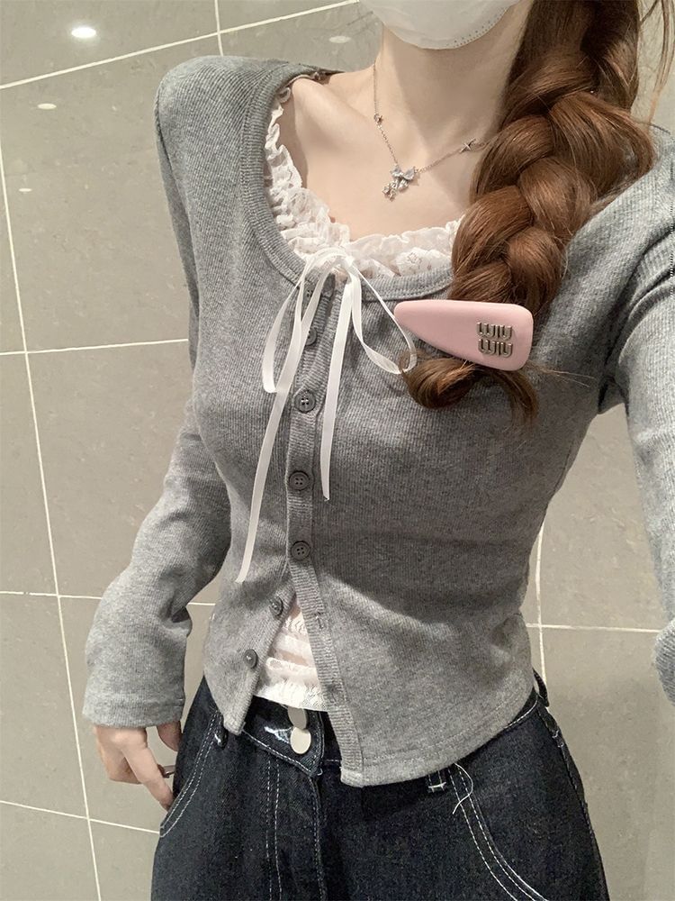 Mock Two-Piece Long-Sleeved Lace-Trimmed Top
