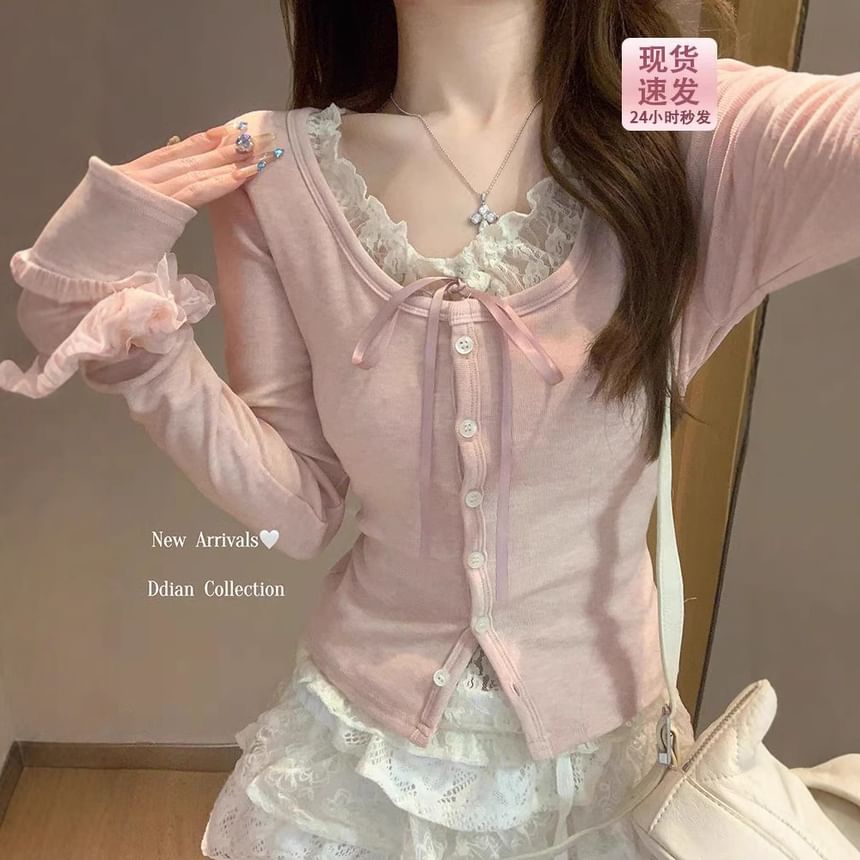 Mock Two-Piece Long-Sleeved Lace-Trimmed Top