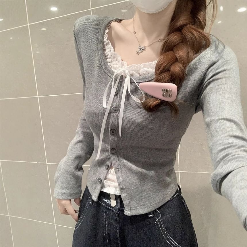 Mock Two-Piece Long-Sleeved Lace-Trimmed Top