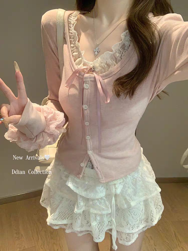 Mock Two-Piece Long-Sleeved Lace-Trimmed Top
