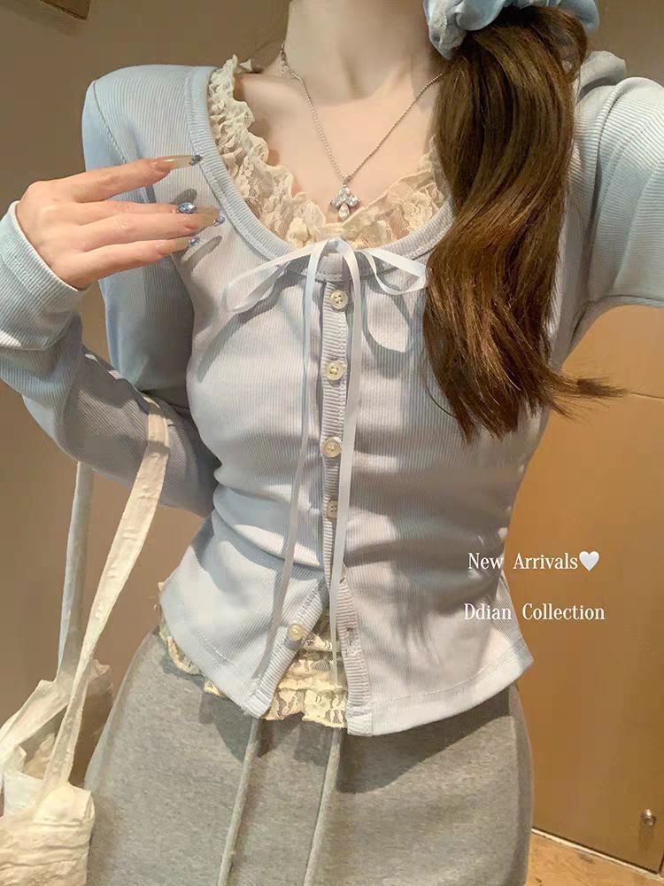 Mock Two-Piece Long-Sleeved Lace-Trimmed Top