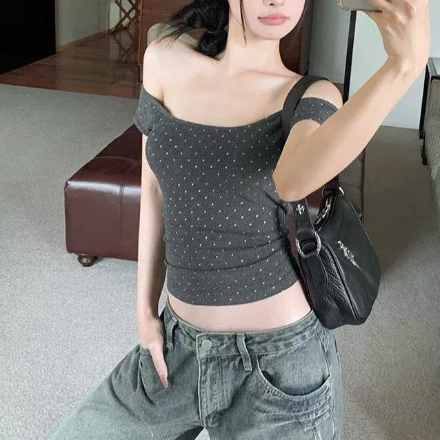 Dotted Off-Shoulder Cropped Top