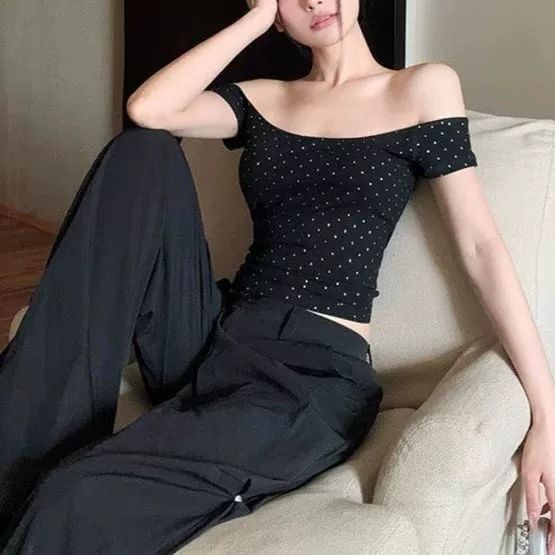 Dotted Off-Shoulder Cropped Top