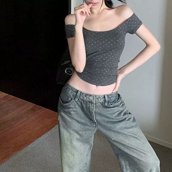 Dotted Off-Shoulder Cropped Top
