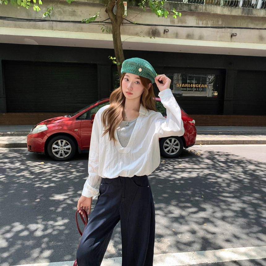 Two-Tone Mock Two-Piece Long-Sleeved Round-Neck Blouse