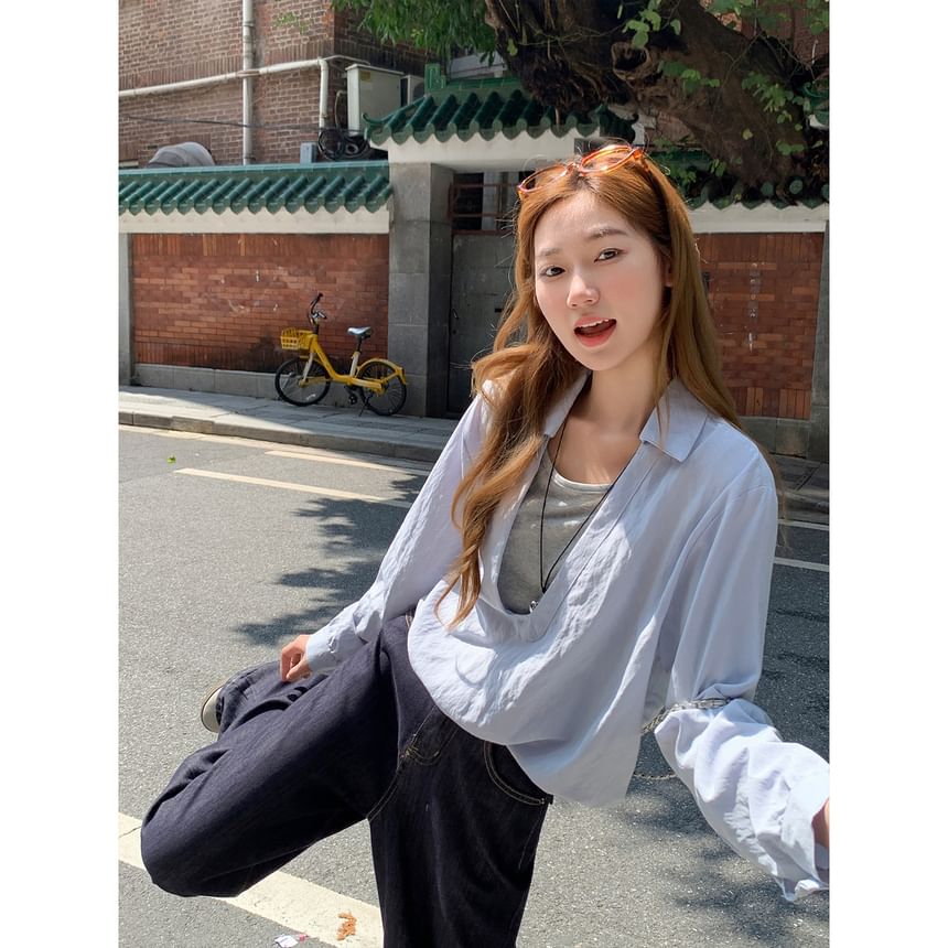Two-Tone Mock Two-Piece Long-Sleeved Round-Neck Blouse