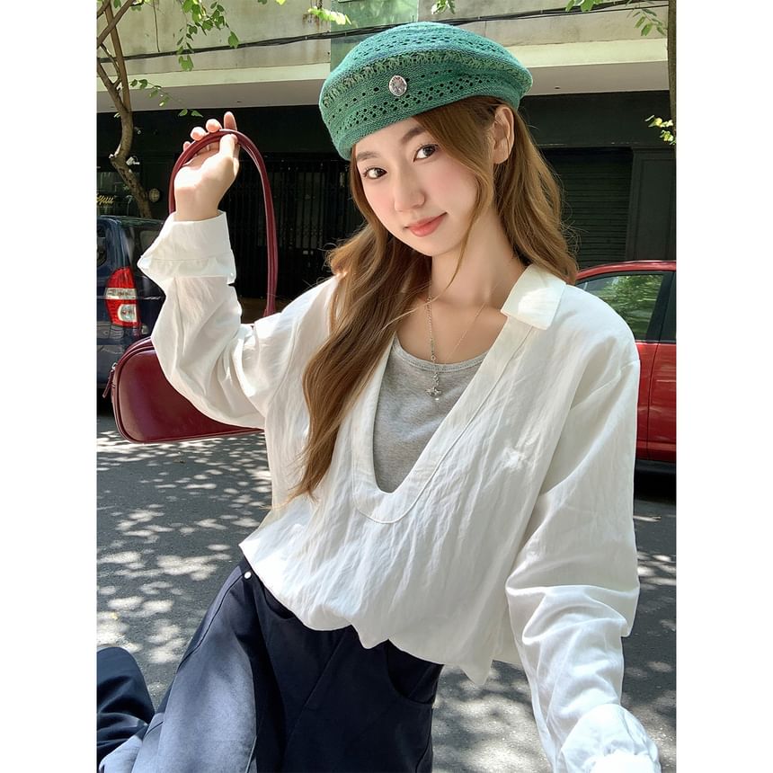 Two-Tone Mock Two-Piece Long-Sleeved Round-Neck Blouse