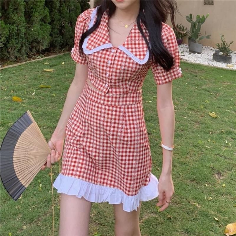 Gingham Puff-Sleeve Button-Up Blouse and Mini Skirt Set