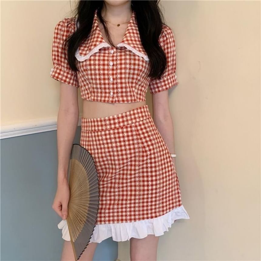 Gingham Puff-Sleeve Button-Up Blouse and Mini Skirt Set