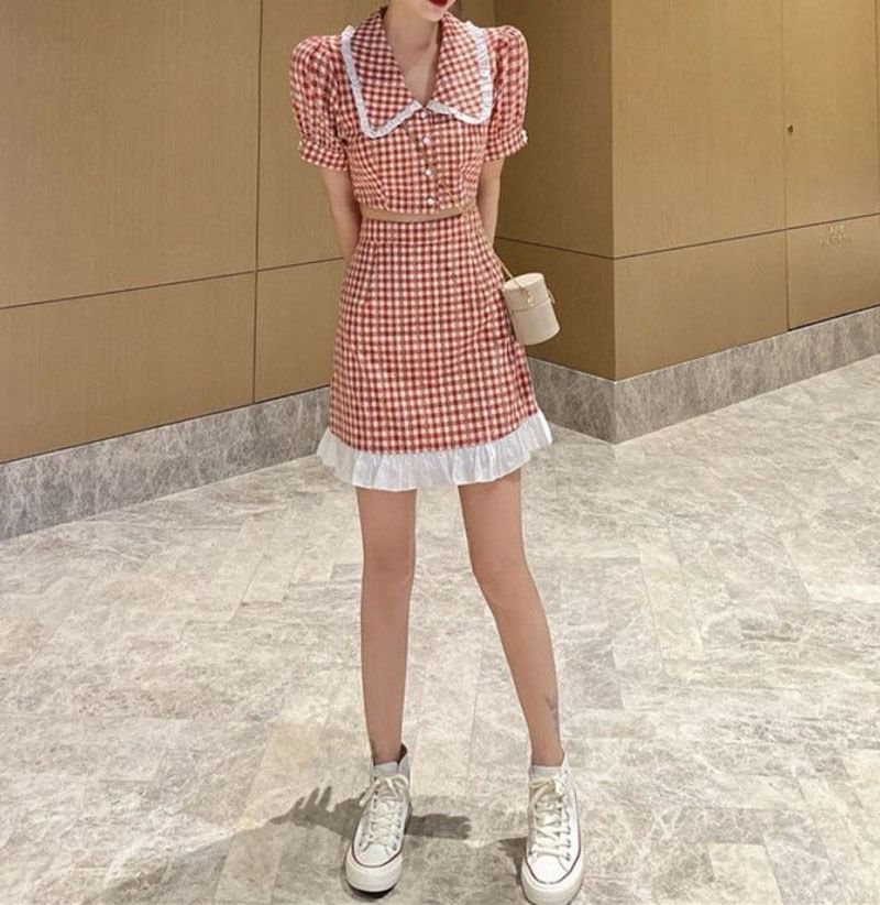 Gingham Puff-Sleeve Button-Up Blouse and Mini Skirt Set