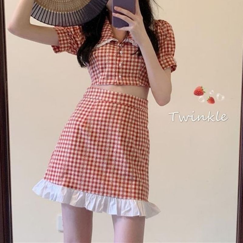 Gingham Puff-Sleeve Button-Up Blouse and Mini Skirt Set