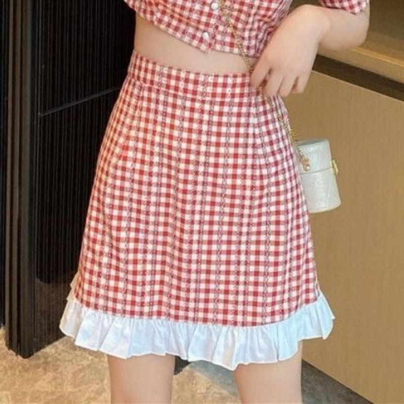 Gingham Puff-Sleeve Button-Up Blouse and Mini Skirt Set