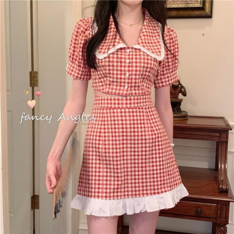 Gingham Puff-Sleeve Button-Up Blouse and Mini Skirt Set