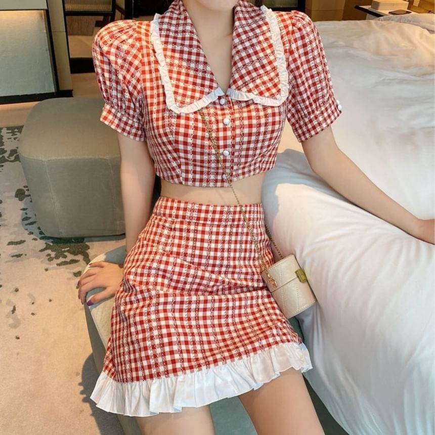 Gingham Puff-Sleeve Button-Up Blouse and Mini Skirt Set