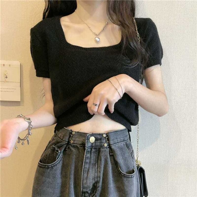 Plain Square-Neck Short-Sleeved Knit Top