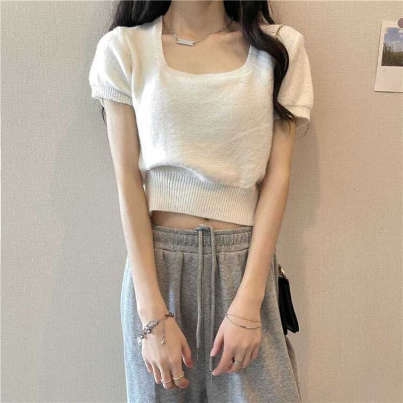 Plain Square-Neck Short-Sleeved Knit Top
