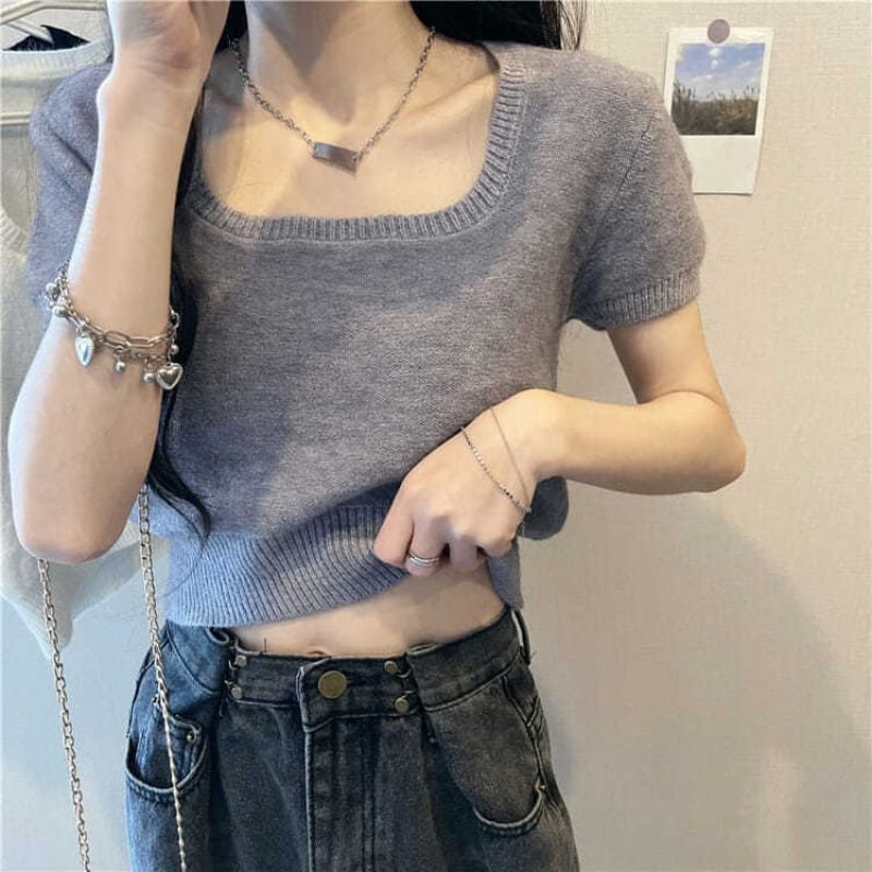 Plain Square-Neck Short-Sleeved Knit Top